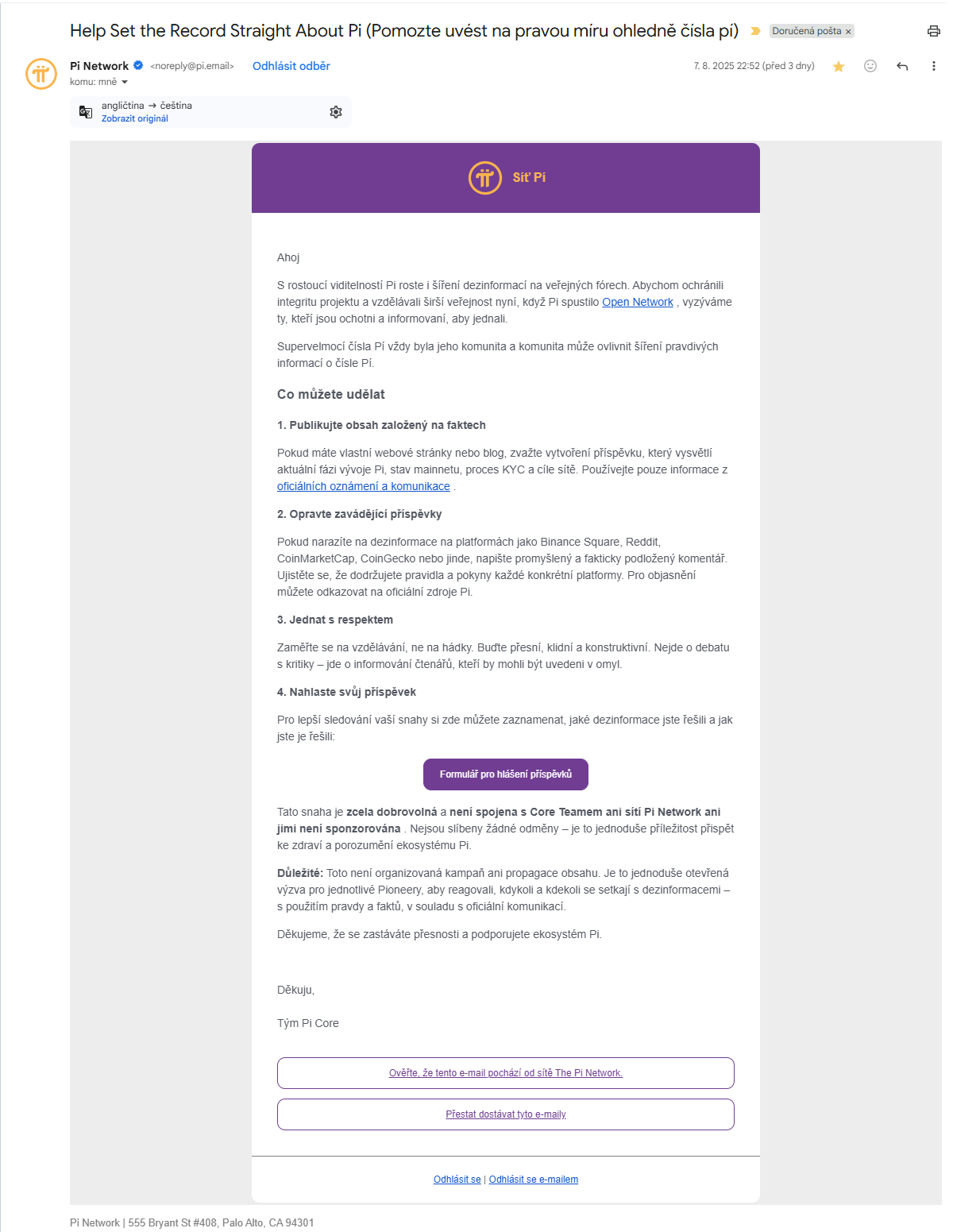 Screenshot e-mailu od PI Network
