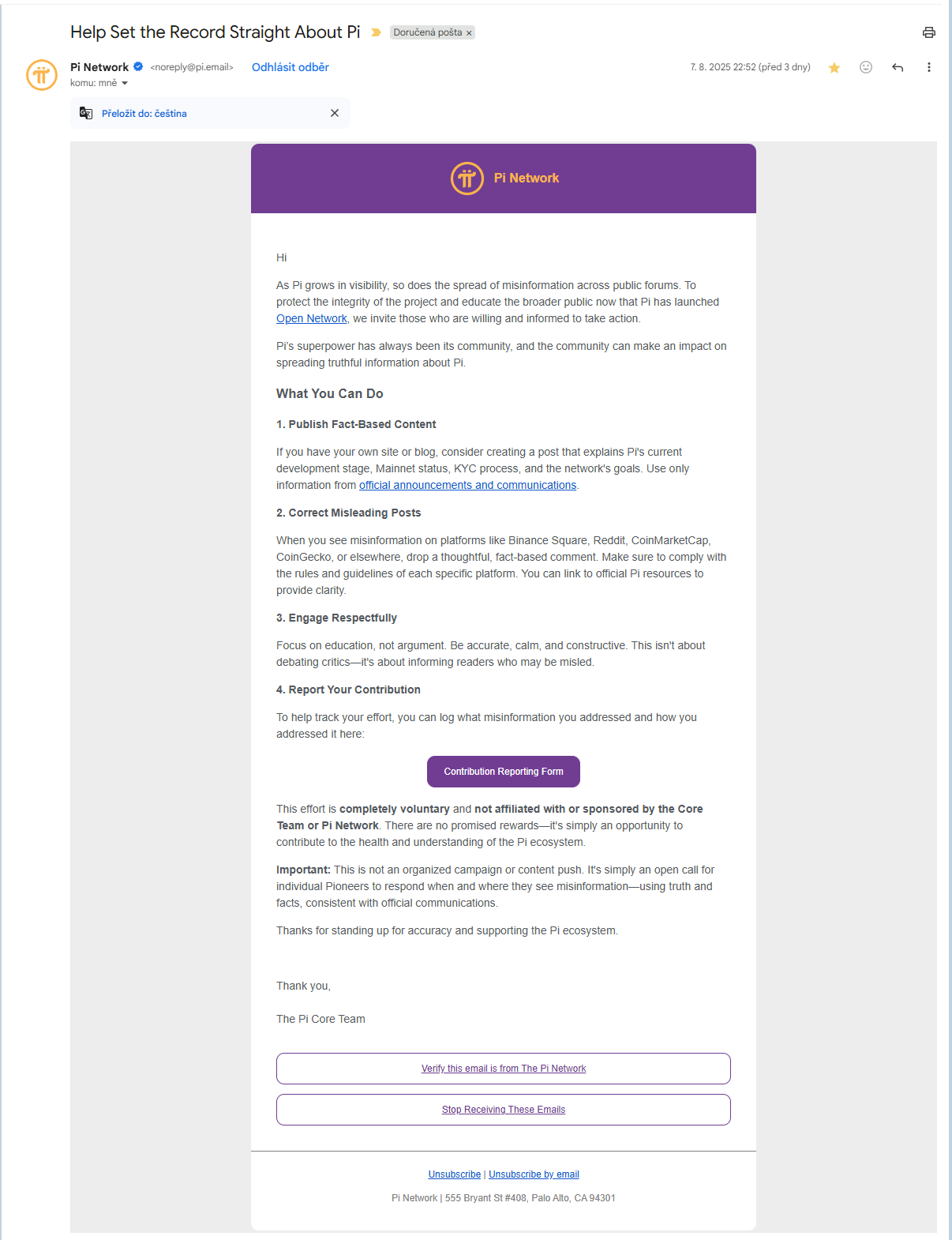 Screenshot of email from PI Network