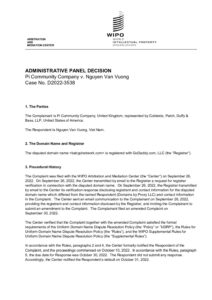 [en] ADMINISTRATIVE PANEL DECISION - Pi Community Company v. Nguyen Van Vuong - Case No. D2022-3538