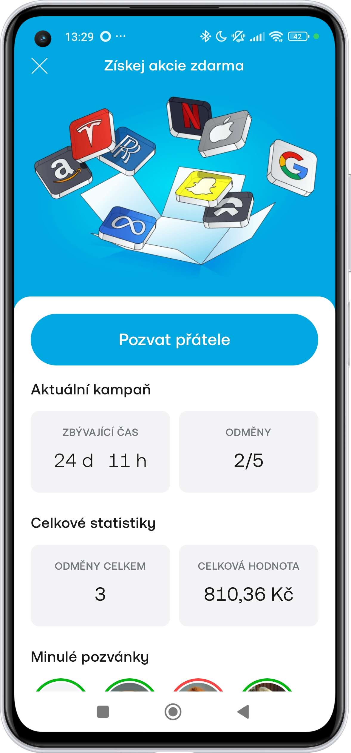 Trading 212 - Získej akcie zdarma - Aktuální kampaň - Přehled získaných odměn a pozvánek